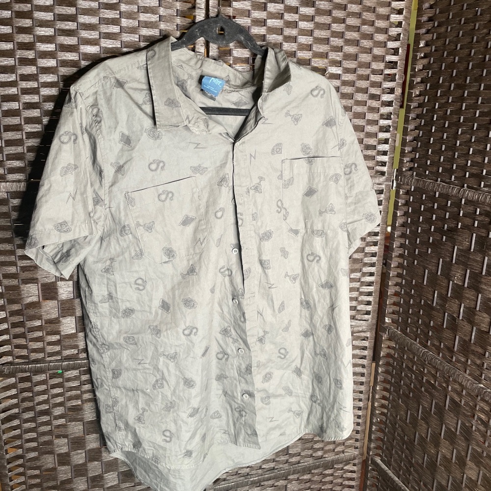 Harry Potter Shirt Adult XL Deathly Hallows Short Sleeve Gray Button Up Mens
